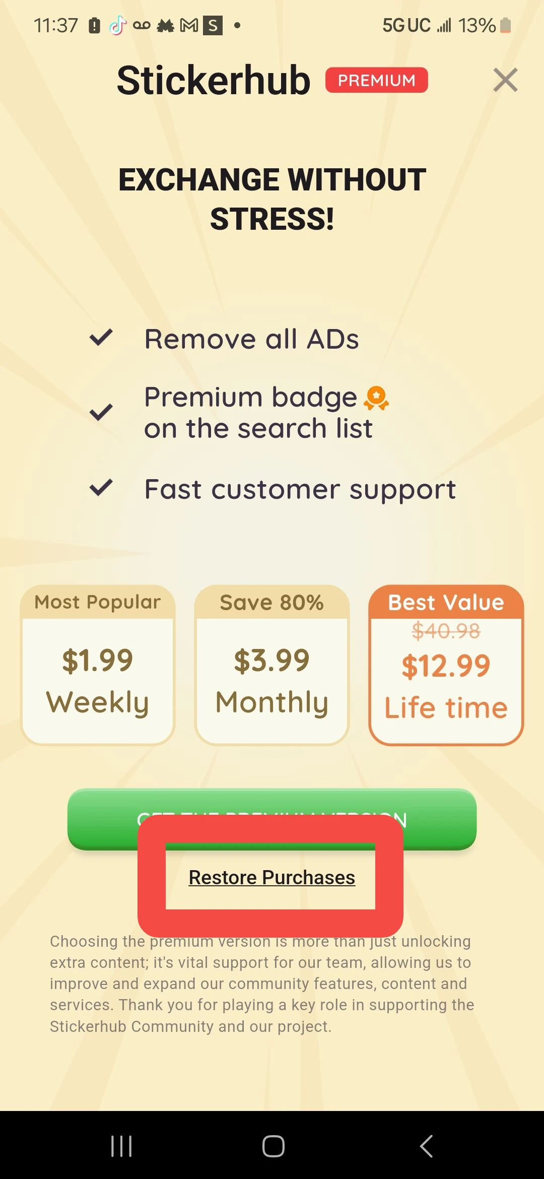 restore purchase in stickerhub
